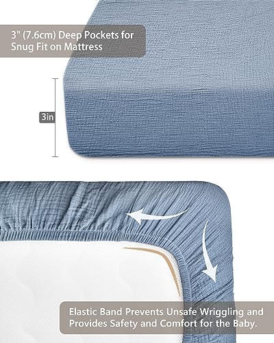 Image of Pack and Play Sheets for Baby Boys and Girls 39 inchx27 inchx3 inch, Neutral Muslin Cotton Pack N Play Mattresses Sheet with Boho Style, Soft and Breathable Comfort (Costume Blue)