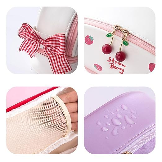Image of M.F.H Strawberry Print Makeup & Pencil Pouch for Girls | Cute Pink Travel Cosmetic Bag with Bow, Dual Zipper & Spacious Storage | Stylish Stationery Organizer (Pack of 1)