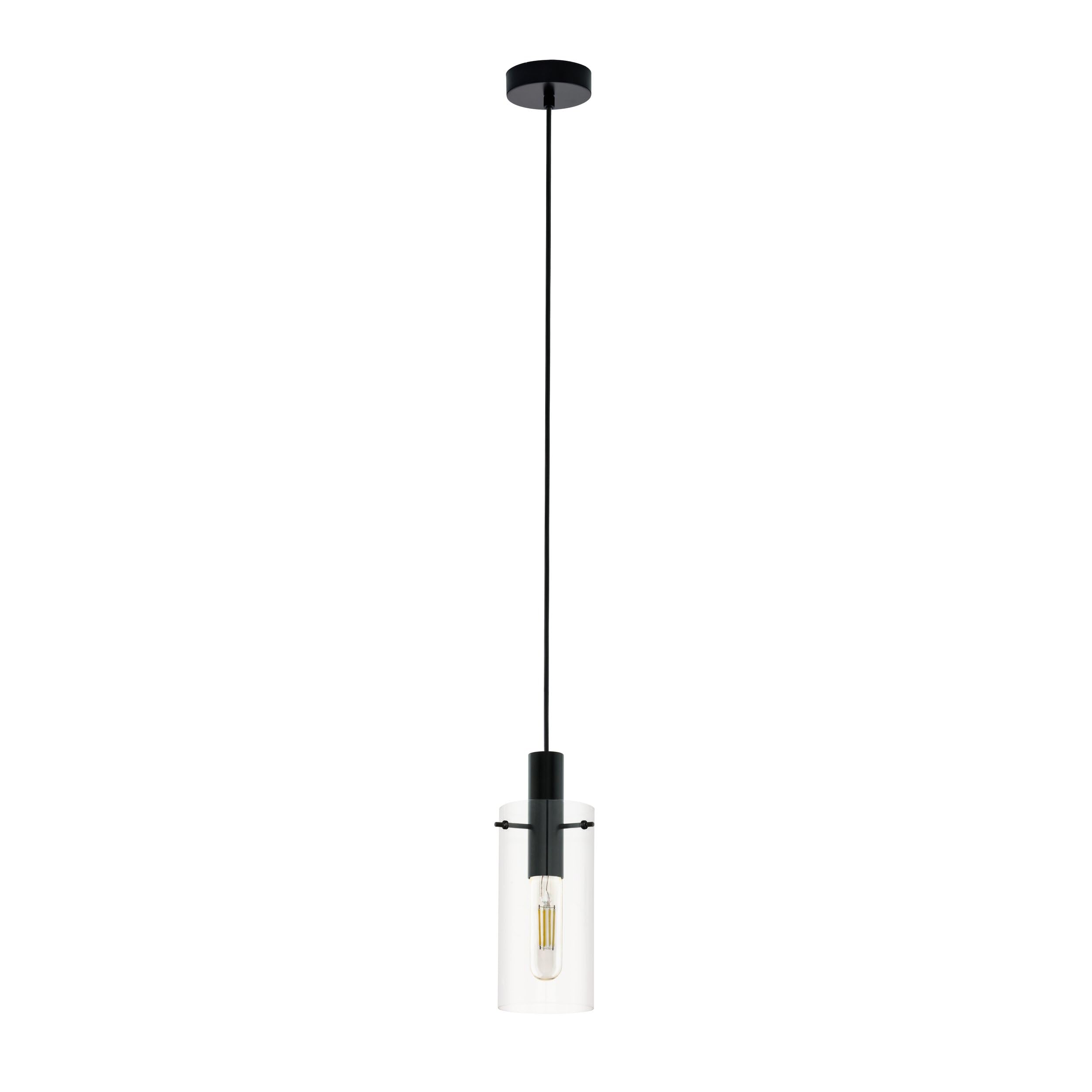 Eglo Lámpara colgante Montefino, lámpara suspendida de una luz, lámpara de techo de metal negro y cristal transparente, lámpara de comedor, lámpara de salón colgante con casquillo E27