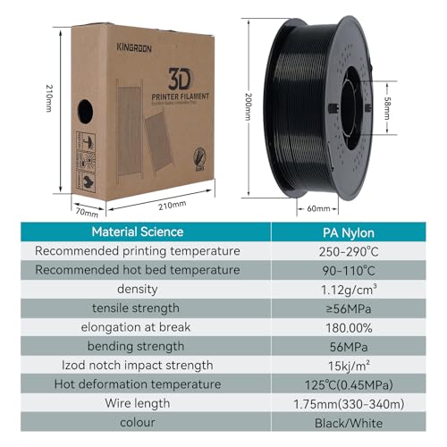 Image of Kingroon PA6 Nylon 3D Printer Filament 1.75mm, 1kg Black Filament, High Strength Filament for Engineering Parts, Dimensional Accuracy + /- 0.03mm