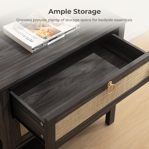Image of SICOTAS Night Stands Set of 2 for Bedroom, Large Bedside Tables with Drawer & Open Shelf, Wide Boho Rattan Nightstand Set Narrow Side Table for Master Bedroom
