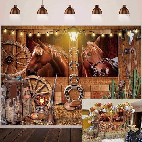 Western Cowboy Backdrop West Rodeo Rustic Wild West Vintage Wooden House Barn Door Horse Photo Background Adults Kids Birthday Party Decorations Supplies (7x5FT)