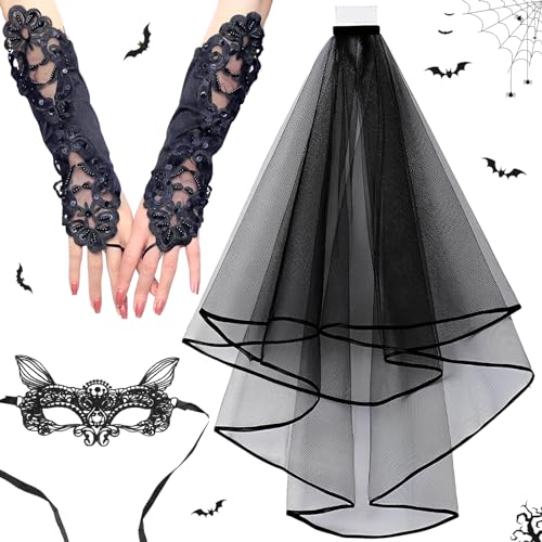 Taozoey Schleier Halloween, Brautschleier Schwarz, Halloween Haarschleier mit Kamm, Schwarz Halloween Schleier Spitze, Gothic Haarschmuck, Halloween Accessoires Damen