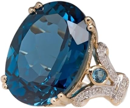 Cutesmile Fashion Jewelry 18k Gold Plated Peacock Blue Topaz Oval Diamond CZ Crystal Gemstone Ring Aquamarine Gemstone Wedding Bridal Band Ring for Women 6