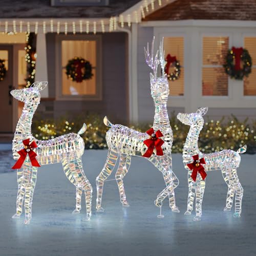 Goplus 3-Pcs Large Lighted Christmas Reindeer, 3D Light up Prismatic Deer Family w/ 230 LED Cold White Lights, Iridescent Pre-Lit Outdoor Deer Set for Indoor Outdoor Yard & Lawn