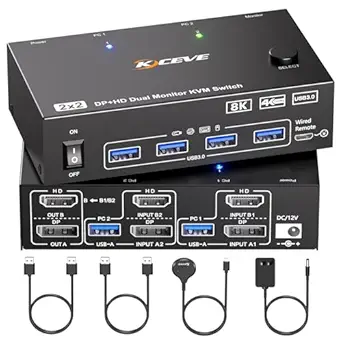 2 Monitors 2 Computers KVM Switch with DisplayPort HDMI 4K@144Hz, USB 3.0, Wired Remote, 12V Adapter