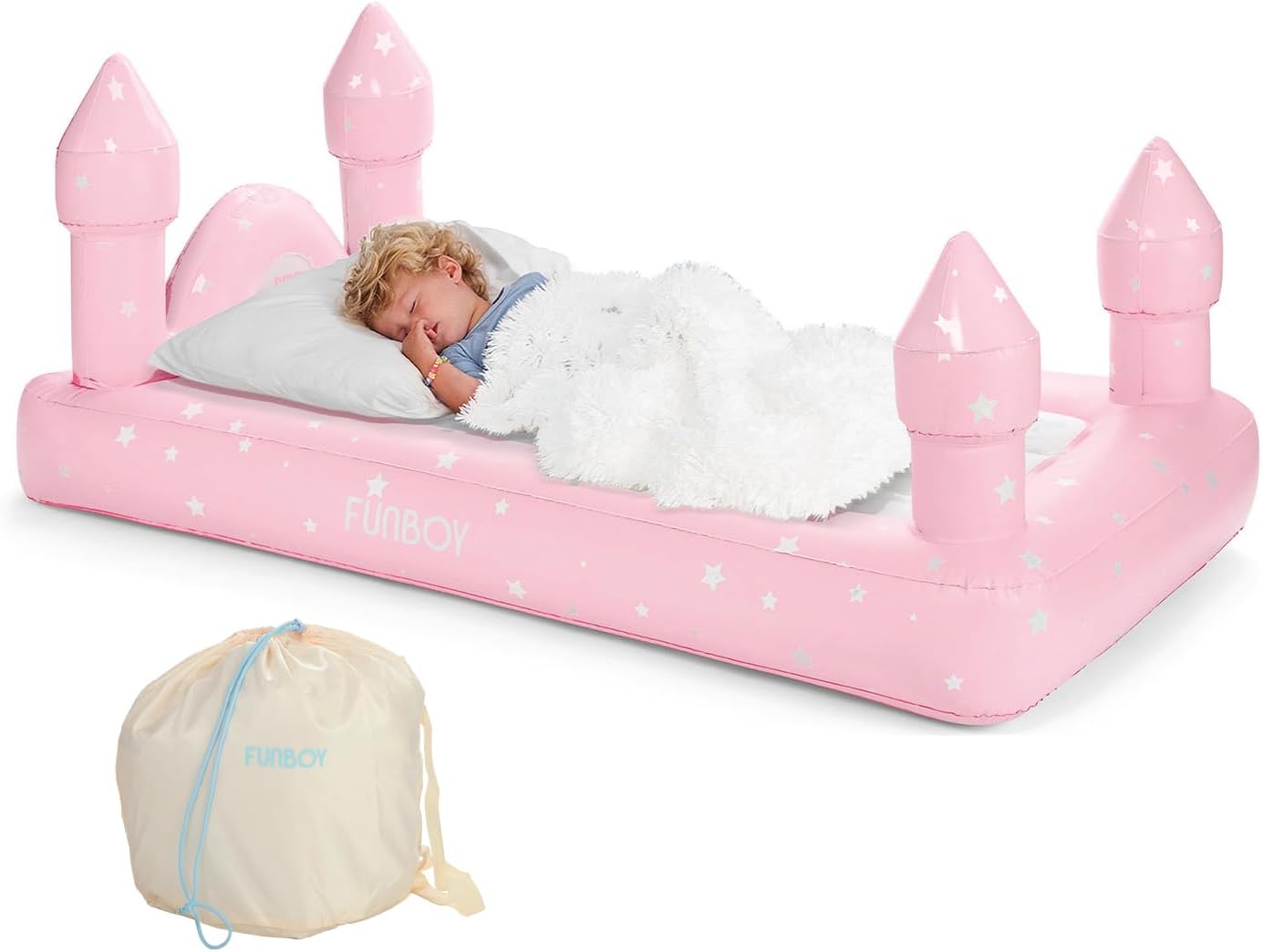 FUNBOY Pink Castle Twin Inflatable Air Mattress for Kids, Portable Sleepover Travel Camping Bed with Storage Bag
