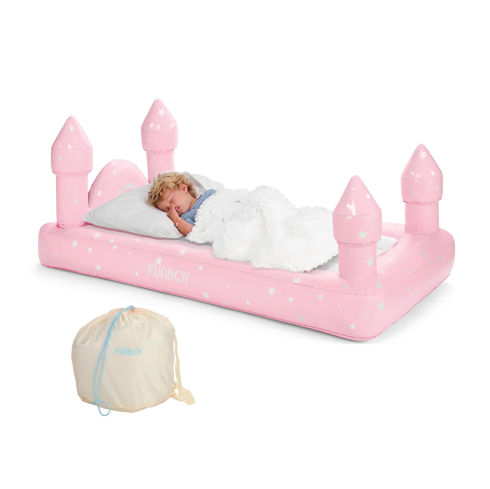FUNBOY Kids Pink Castle Sleepover Travel Bed & Air Mattress. Perfect for Sleepovers. Includes Carrying Storage Bag, Twin