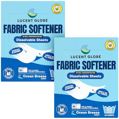 Lucent Globe Fabric Softener Sheets Eco-Friendly Ultra Concentrated Fabric Softener Biodegradable Plastic-Free Packaging Plant-Based + Enzymes (2 Pack of 120 Sheets, Ocean Breeze)