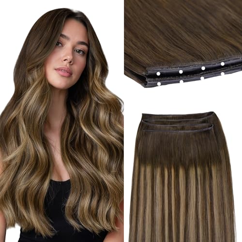 GOO GOO Butterfly Weft Hair Extensions Human Hair, Invisible Double Genius Weft, 4/27/4 Balayage Chocolate Brown to Caramel Blonde 24 Inch 120g, Flat No Bulk Easy Install at Home for Women