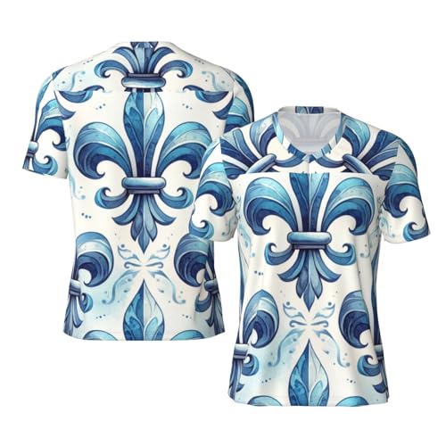 Stylish Athletic Sports Jersey Watercolor-Blue-Fleur-De-Lis Men's Rugby Jersey Large