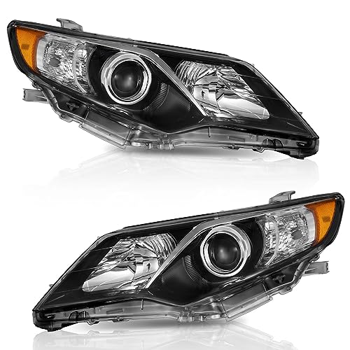 WEELMOTO Headlights Compatible with 2012-2014 Toyota Camry L/Se/Le/Xle/Hybrid Headlamp Replacement for 12 2013 14 Camry Black Housing Amber Reflector Pair Set Driver&Passenger Side