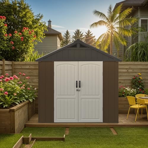 Image of Patiowell 8 x 8 FT Plastic Outdoor Storage Shed with Floor, Resin Shed with Window and Lockable Door for Garden, Backyard, Tool Storage Use, Easy Assemble, Gray (Kick-it Shed)