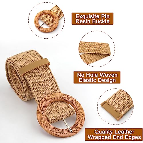 2-Piece Braided Straw Dress Belts with Wooden Buckle - Beach-Ready Wide Waist Belts for Women's Summer Dresses (White, Light Tan)4