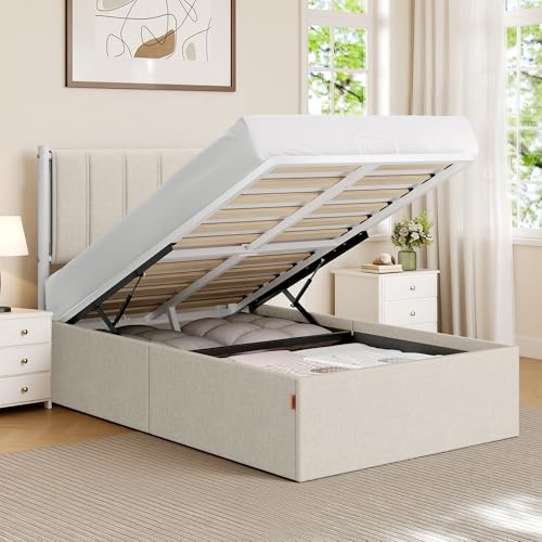 Image of VASAGLE Lift Up Storage Bed Frame, Twin Size, Upholstered Headboard