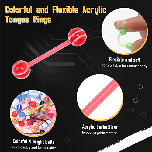 CrazyPiercing 100Pcs 14G Acrylic Tongue Rings, Multi Color Assortment Flexible Tongue Rings Barbells Mix Piercing2