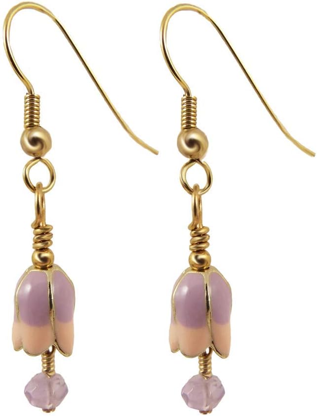 Lavender Enamel Flower Earrings with Amethyst Gemstone Dangle and Gold Toned Ear Wires