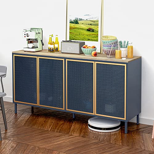 Phoyal Buffet Sideboard Storage Cabinet, Storage Sideboard With 4 Rattan Doors And Adjustable Shelves, Accent Cabinet Kitchen Storage Cabinet For Entryway Living Room, Blue #TOP8