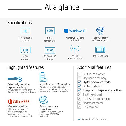 HP-Stream-116-inch-HD-Laptop-Intel-Celeron-N4000-4-GB-RAM-32-GB-eMMC-Windows-10-Home-in-S-Mode-with-Office-365-Personal-for-1-Year-11-ak0020nr-Diamond-White