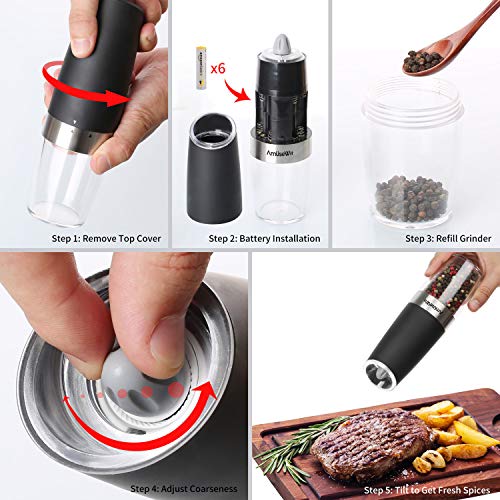 Gravity Electric Salt And Pepper Grinder Set Of 2【White Light】- Battery Operated Automatic Salt And Pepper Mills With Light,Adjustable Coarseness,One Handed Operation,Cleaning Brush,Black By Amusewit #TOP6