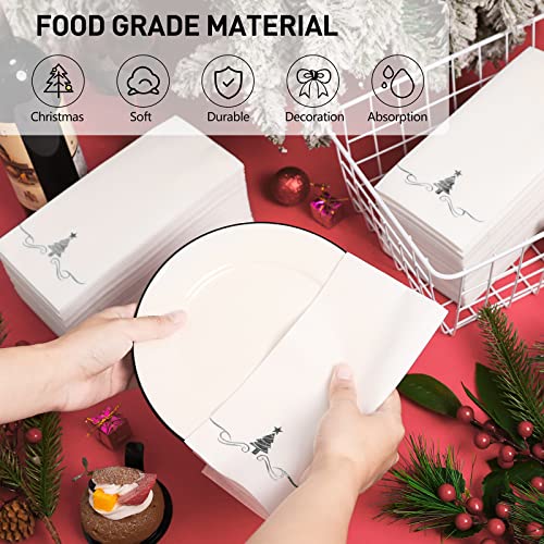 100 Pack Christmas Disposable Guest Napkins 12 x 17 Inch Silver Foil Christmas Trees Napkins Xmas Tree Hand Towels for Bathroom Kitchen Weddings Christmas Holiday Party – Image 5