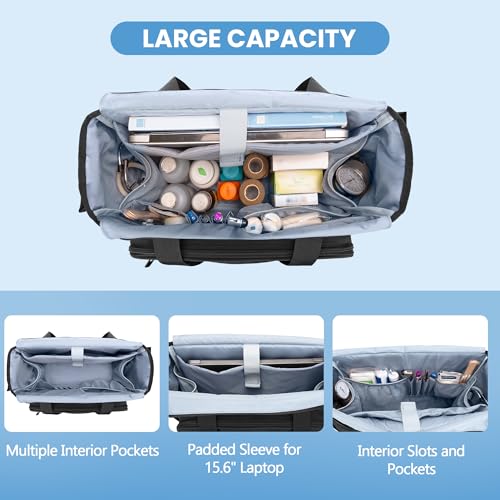 CURMIO Nurse Tote Bag for Women, Portable Medical Supplies Shoulder Bag with A4 Size Accordion File Organizer Compartment and 15.6” Laptop Sleeve for Nursing Work, Home Health, Black(Patent Pending)