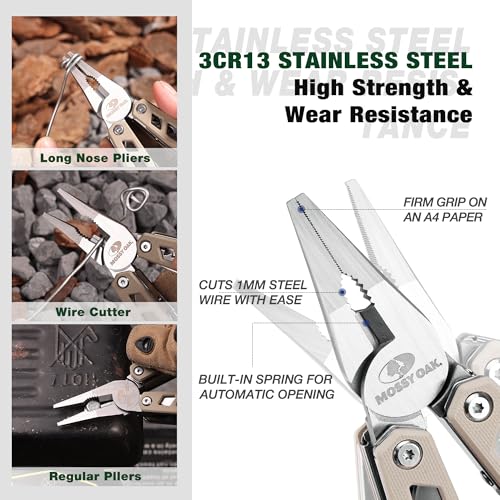 Image of MOSSY OAK Multitool, 22-in-1 Stainless Steel Pliers with Screwdriver Sleeve, Desert Steel Handle, Self-locking Knife with Sheath-Perfect for Outdoor, Survival, Camping, Hiking, Simple Repair