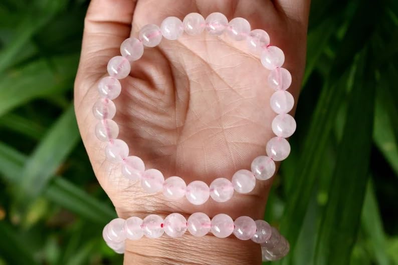 Braccialetto in quarzo rosa fatto a mano con pietre semipreziose naturali da 10 mm, perline rotonde lisce ed elastiche, braccialetto bohémien, braccialetto per meditazione spirituale, bracciale