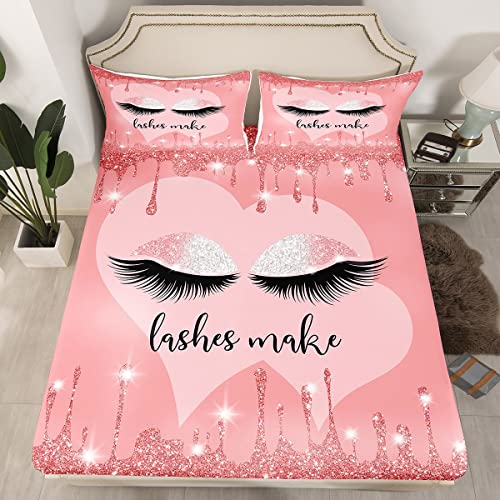 Long Eyelashes Attractive Fitted Sheet Full Size,Pink Thin Shimmer Bedding Set 3pcs for Kids Girls Woman Bedroom Decor,Princess Glamorous Bed Cover,Closed Eyes Bed Sheet,2 Pillowcases