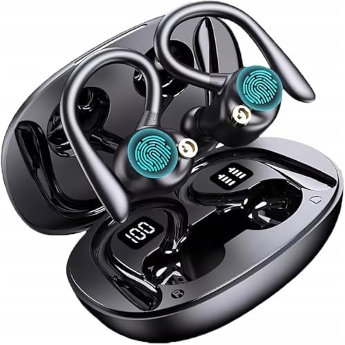 Fones de ouvido sem fio, Bluetooth 5.3, fone de ouvido estéreo Hi-Fi, tela de LED, chamadas claras com microfone, cancelamento de ruído, controle de toque, IP7 à prova d'água, esporte