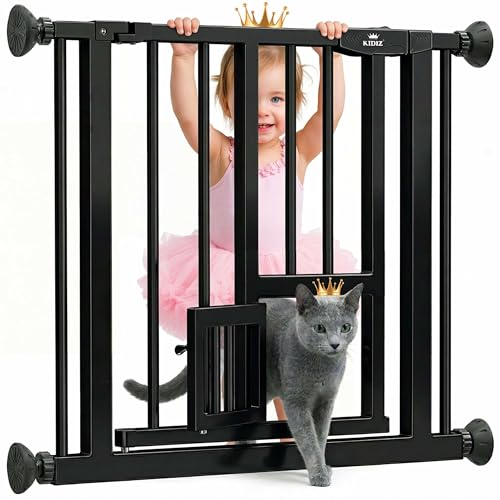 KIDIZ® Cancelletto di Sicurezza per porte, Cancelletto per Bambini, con Porta per Cani e Gatti, senza foratura, espandibile, combinabile con i mandrini a Y, girevole, 74-87 cm - Nero