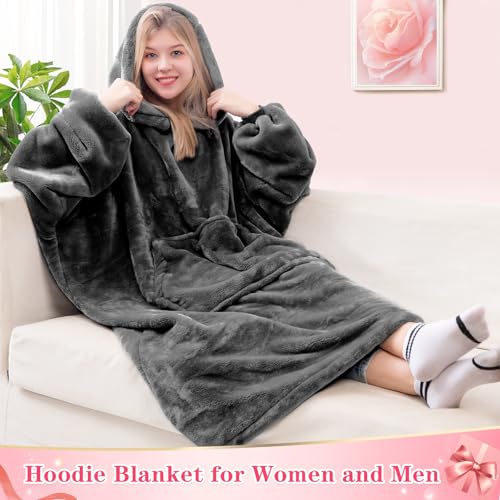 Image of Waitu Wearable Blanket Sweatshirt Gifts for Women and Men, Warm and Cozy Giant Blanket Hoodie, Thick Flannel Blanket with Sleeves and Giant Pocket - Dark Gray