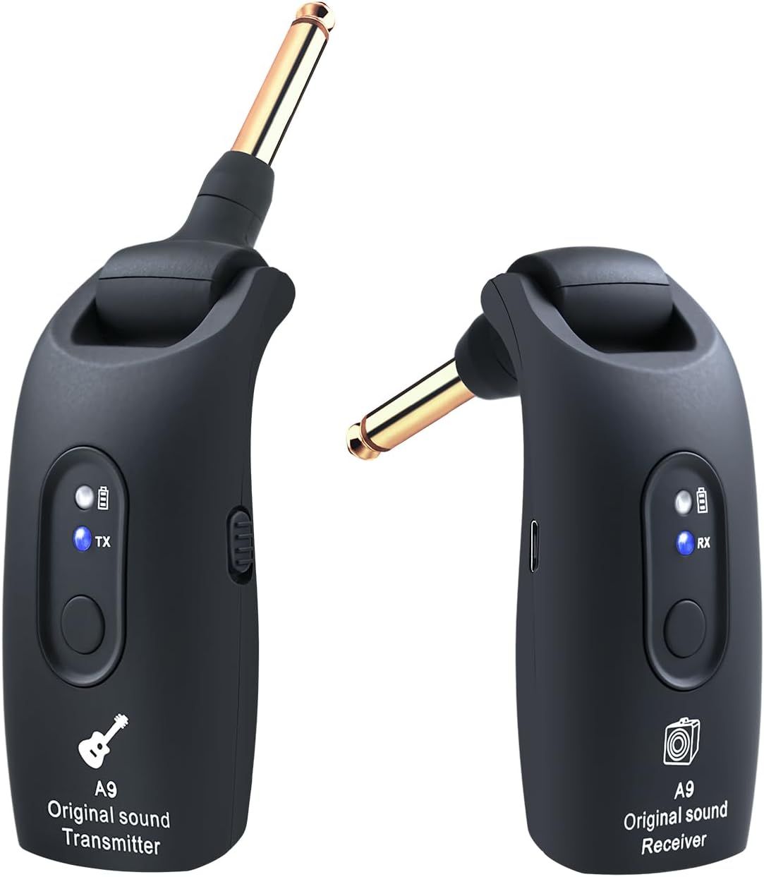 A9 Wireless Guitar System - 2.4GHz Guitar Accessories Transmitter Receiver, 24-bit 48KHz Audio, 100ft Range, No Latency, 4-Hour Rechargeable Battery, for Electric Bass (Black(1TX+1RX))