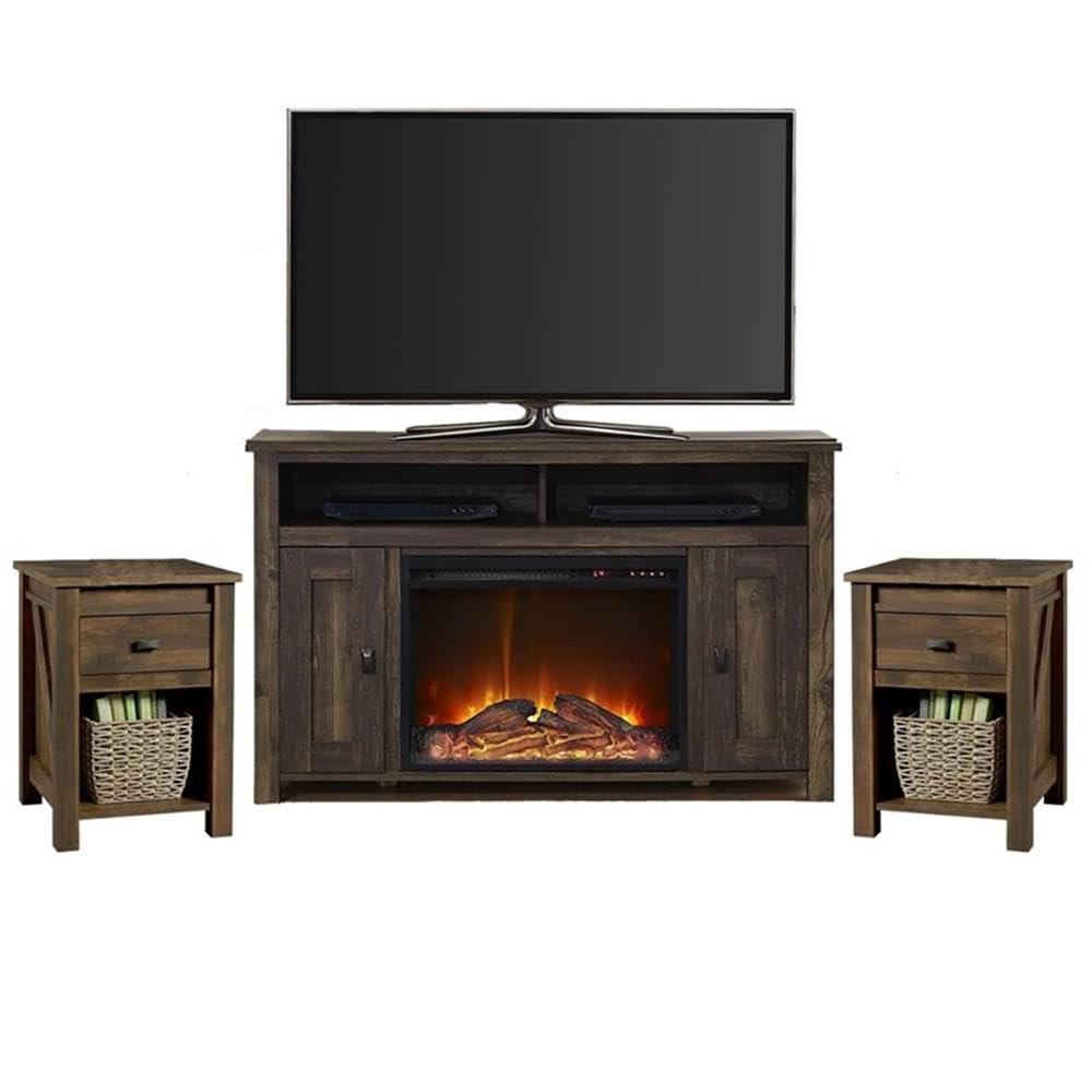 Ameriwood Farmington 3-Piece Living Room Set with Fireplace TV Stand and Two End Tables