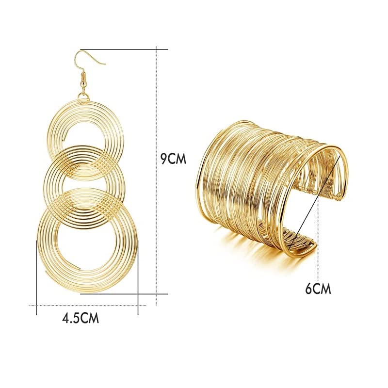 70s Disco Women Jewelry Set Metal Thin Thread Wire Coil Cuff Bracelet Triple Swirl Gold Earrings Trendy Boho Jewelry2
