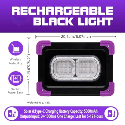 Image of 2 Pack 50W Rechargeable LED Black Lights, Battery Powered & Solar Panels Blacklight, Glow in The Dark Indoor Outdoor, Cordless Portable Waterproof Neon Flood Light Fluorescent Party Stage Body Paint