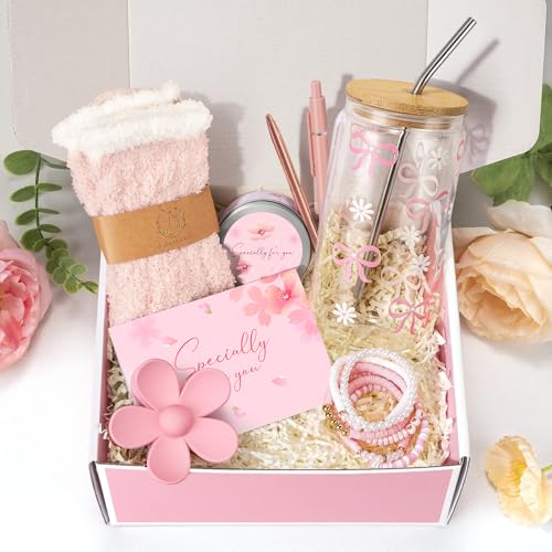 Birthday Gifts for Teen Girls Women,Teenage Girls Basket Gift Sets for Teen Girls,Happy Birthday Box for Teenage Bow Daisy Glass Cup Set for Girls Friend, Daughter, Niece, Granddaughter