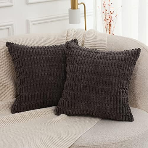 Mandioo Set of 2 Beige Striped Corduroy Boho Cushion Covers 50x50 cm 20x20 Inch Super Soft Decorative Throw Pillow Cases Square Plush Pillowcases for Couch Sofa Bed Farmhouse