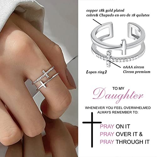 Beemean To My Daughter Ring-Pray Through It Cross Ring Double Cross Adjustable Baptism Ring Cz Diamond Ring Creative Wedding Commitment Ring Gifts For Women Girls(Silver) #TOP1