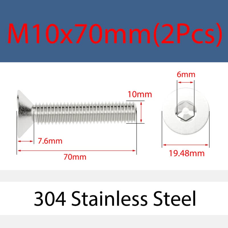 M10 x 70mm 2 Pcs Bulloni a testa svasata Acciaio inossidabile 304 Esagonale Tappo presa Vite Testa piatta Bulloni a brugola Viti a macchina