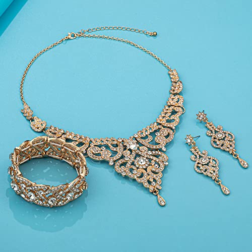 Silver Gold Plated Wedding Jewelry Sets Bridal Necklace Rhinestone Earrings Bracelets4