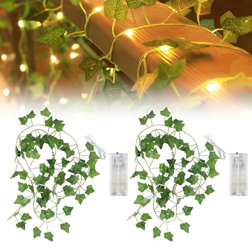 Stalora Lot de 2 Guirlandes Lumineuses Lierre 2m avec LEDs, Guirlande Décorative Feuilles Vertes - Alimenté par Piles pour Décoration Intérieur, Chambre,...