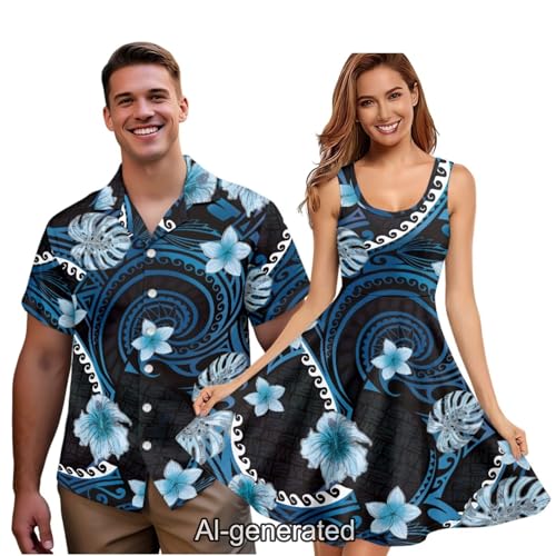 Image of Dreaweet Summer Dresses for Women A-Line Sleeveless Flowy Sun Dresses,Men's Casual Button-Down Shirts,Couple Matching Outfits