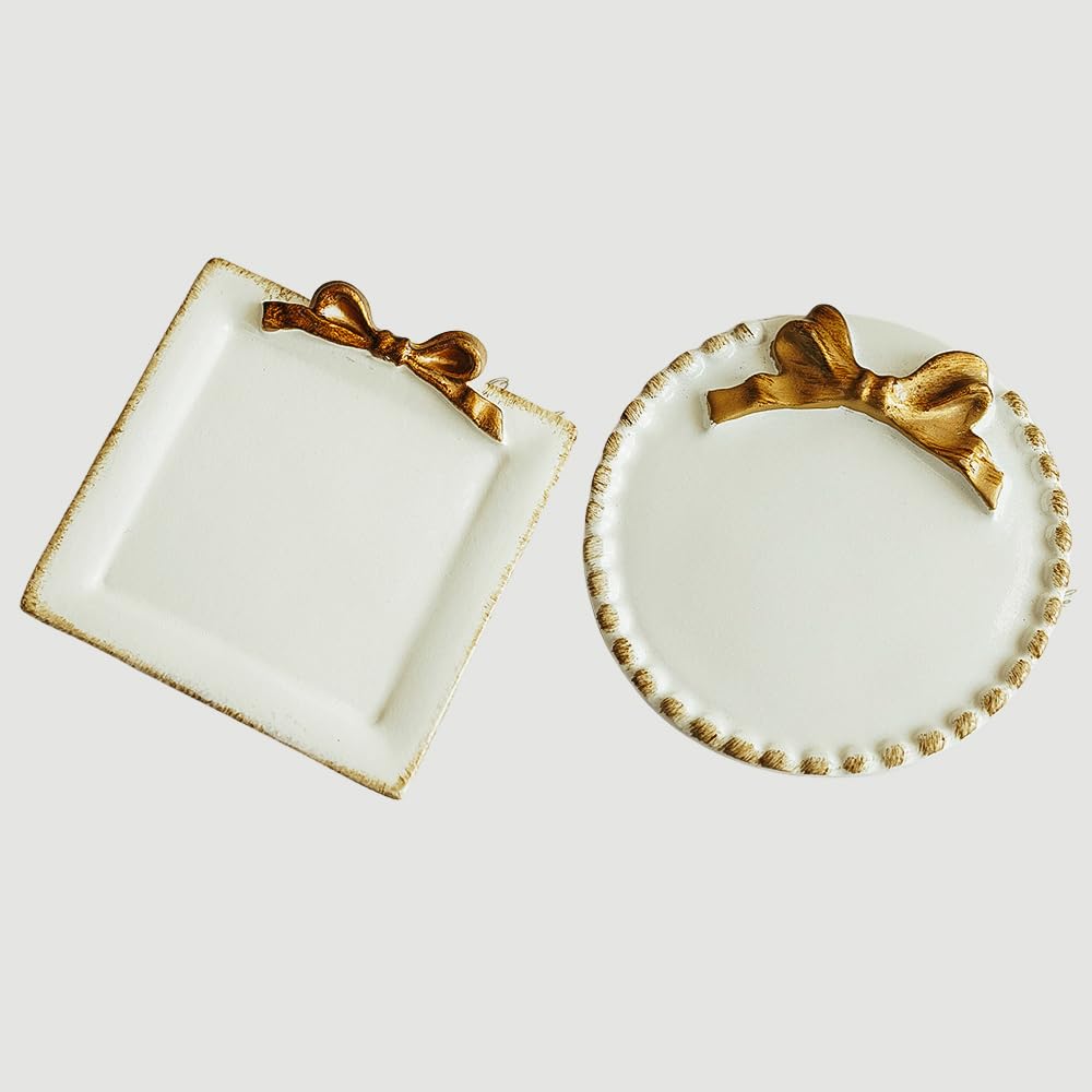 Gisela Adorable Bow-knot Trinket Dish Resin Jewelry Tray Perfect for Holding Small Jewelries, Necklaces, Earrings, Bracelets Decorative Plate (White Square)