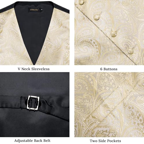 Image of DiBanGu Mens Vest and Tie Set Formal Paisley Waistcoat and Necktie Pocket Square Cufflinks Silk Suit Vest for Tuxedo Wedding