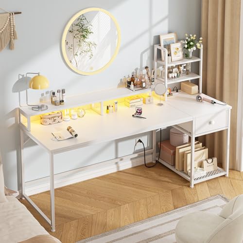 Image of 55 Inch White Computer Desk with Drawers and Hutch,Reversible Home Office Desk with Monitor Shelf,Gaming Desks with USB Power Outlets&Storage,Writing Study Table for Bedroom with LED Lights,White