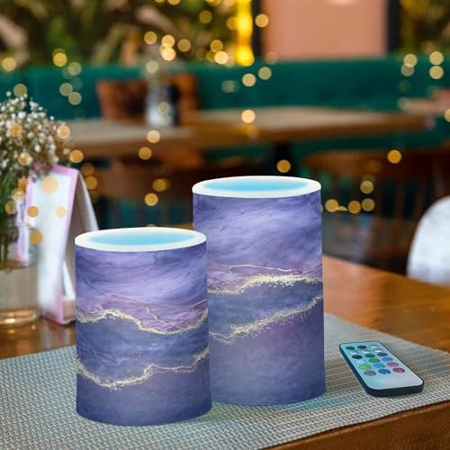 Image of Flickering Flameless Candles, Purple Marble with Golden Veins LED Candles with Remote Timer, Set of 2 Battery Operated Candle for Valentine Wedding Birthday