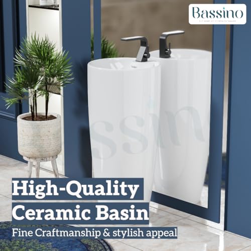 Image of BASSINO 15x15x34 Inches Ceramic Pedestal Wash Basin /7 Years Warranty /One Piece Free Standing Basin For Bathroom /Living Room /Salons /Round Modern Sink For Hotel /Floor Mounted Washbasin(White Glossy)