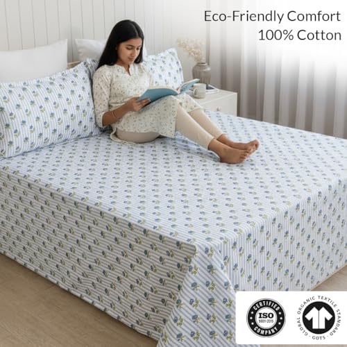 Image of HOMEMONDE Single Size Bedsheet | Cotton Flat Sheet with One Pillow Cover | 186 TC |Floral Design| All-Season Soft Bedsheet for Single Bed (60 x 90 Inch /152 x 229 cm, Blue)