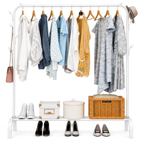 Image of Metal Multifunctional Heavy-Duty Quality Garment Stand Cloth Rack Freestanding Storage Organizer with Bottom Shelves Adjustable Folding Single Pole for Living Room (White)